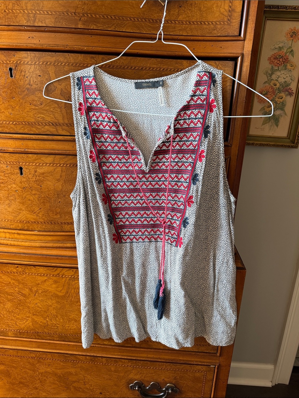 THML Cream Sleeveless Embroidered V-Neck Top with Pink Accents